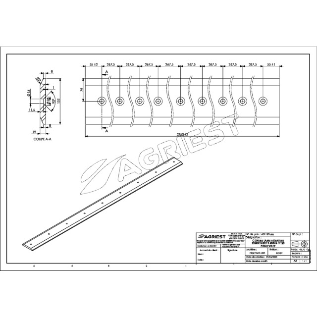 Contre Lame 152X19 LG 2250 500HB 9 TRS pour VIS TFØ14 EA 267,5 référence fournisseur 451190